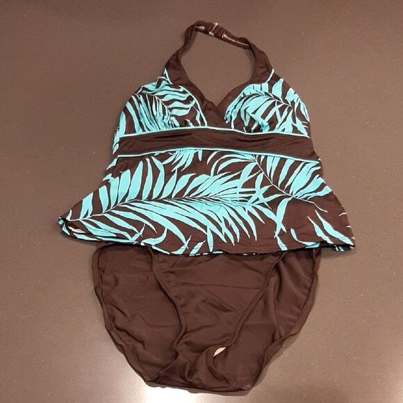Brown and Turquoise Leaf Print 2 Piece Swimsuit - Picture 1 of 12